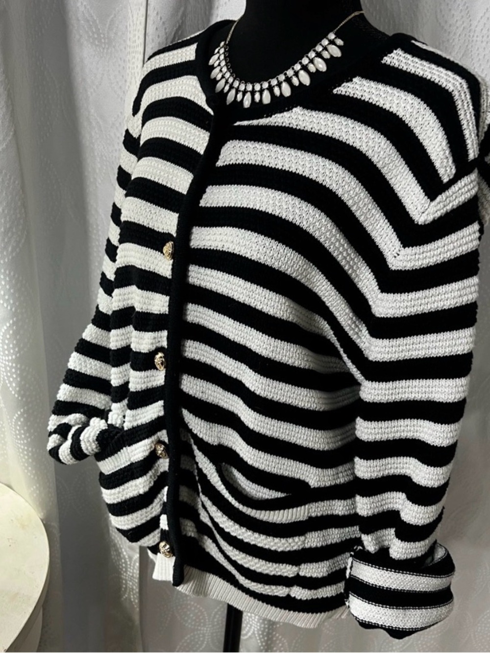 Black & White Striped Knit Cardigan Sweater - Picture 4 of 5